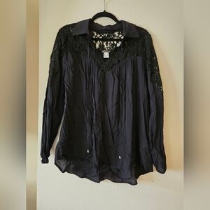 VENUS Black Lace Detail Collared Women's Top